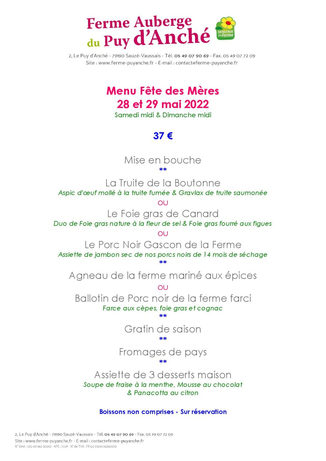 Menu Fête des Mères 2022 La Ferme du Puy Anché